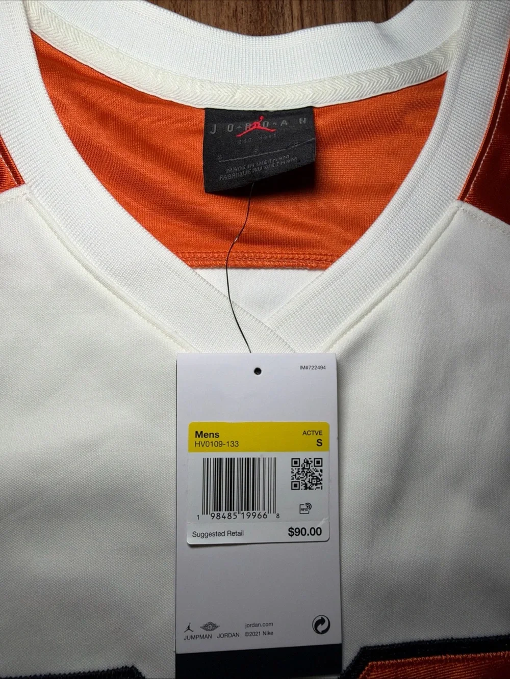 Men's Jordan Brooklyn Collegiate Hockey Jersey White Orange HV0109-133 Size S